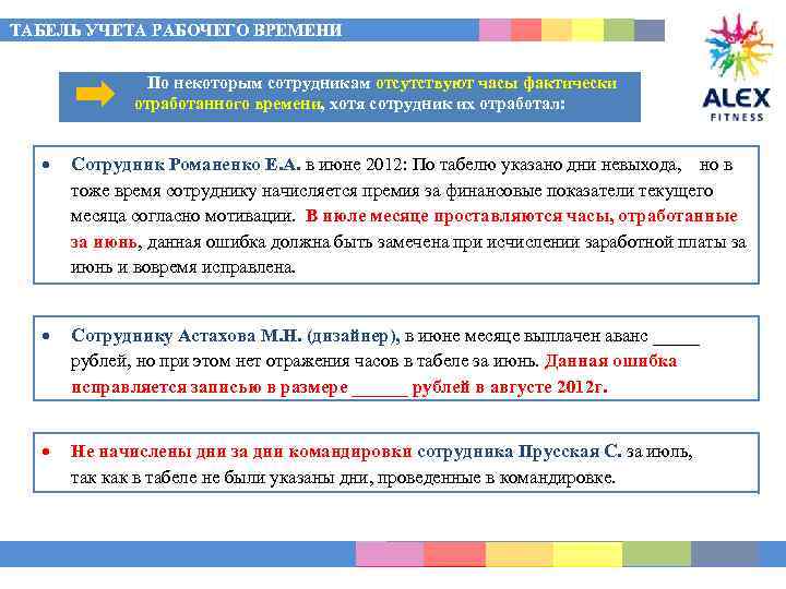 ТАБЕЛЬ УЧЕТА РАБОЧЕГО ВРЕМЕНИ По некоторым сотрудникам отсутствуют часы фактически отработанного времени, хотя сотрудник
