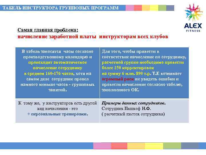 ТАБЕЛЬ ИНСТРУКТОРА ГРУППОВЫХ ПРОГРАММ Самая главная проблема: начисление заработной платы инструкторам всех клубов В