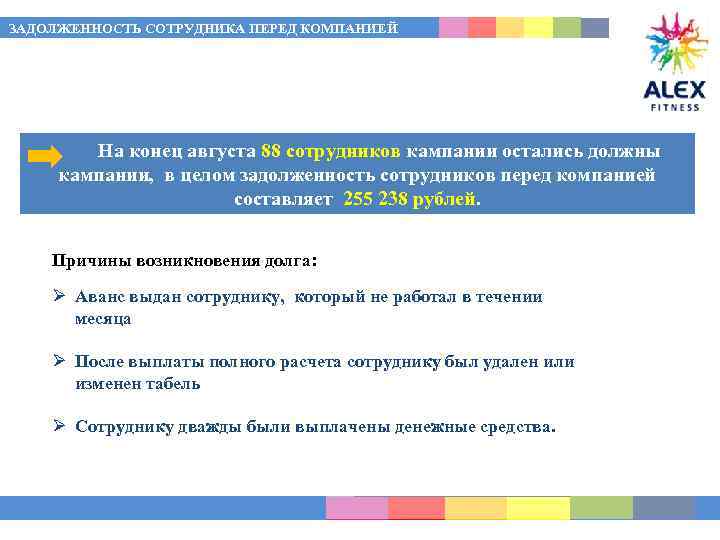 ЗАДОЛЖЕННОСТЬ СОТРУДНИКА ПЕРЕД КОМПАНИЕЙ На конец августа 88 сотрудников кампании остались должны кампании, в
