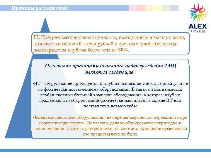  Причины расхождений: III. Товарно-материальные ценности, находящиеся в эксплуатации, стоимостью менее 40 тысяч рублей