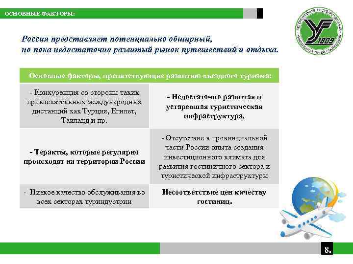 ОСНОВНЫЕ ФАКТОРЫ: Россия представляет потенциально обширный, но пока недостаточно развитый рынок путешествий и отдыха.