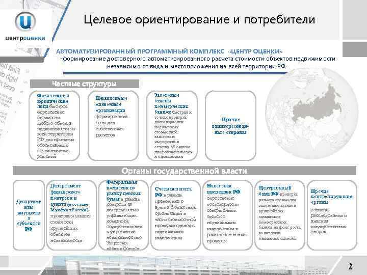 Целевое ориентирование и потребители АВТОМАТИЗИРОВАННЫЙ ПРОГРАММНЫЙ КОМПЛЕКС «ЦЕНТР ОЦЕНКИ» -формирование достоверного автоматизированного расчета стоимости