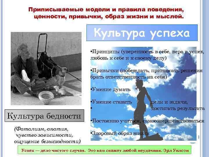 Приписываемые модели и правила поведения, ценности, привычки, образ жизни и мыслей. Культура успеха •