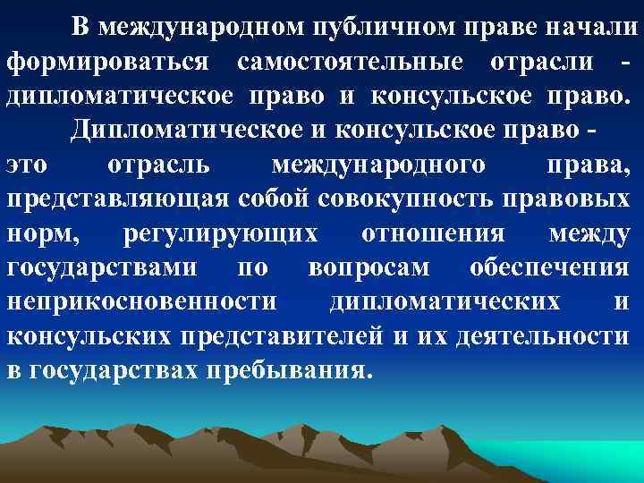 В международном публичном праве начали формироваться самостоятельные отрасли - дипломатическое право и консульское право.