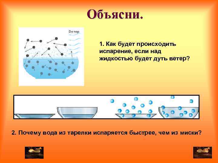 Объясни. 1. Как будет происходить испарение, если над жидкостью будет дуть ветер? 2. Почему