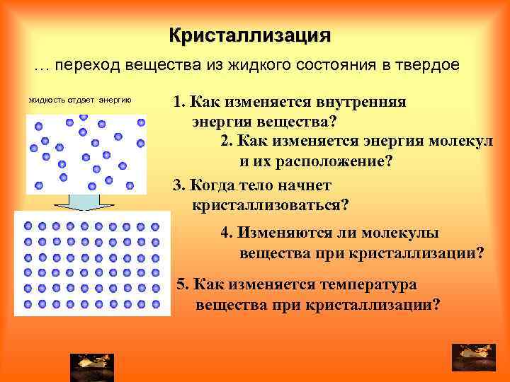 Переход вещества из твердого состояния в жидкое. Характеристика жидкого состояния вещества. Кристаллизация твердых веществ. Изменение внутренней энергии твердого тела. Переход вещества из жидкого состояния в твердое.