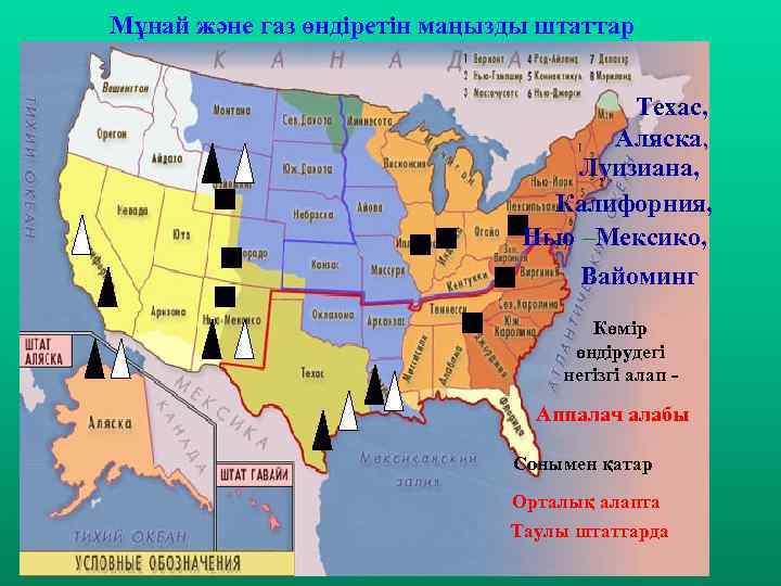 Мұнай және газ өндіретін маңызды штаттар Техас, Аляска, Луизиана, Калифорния, Нью –Мексико, Вайоминг Көмір