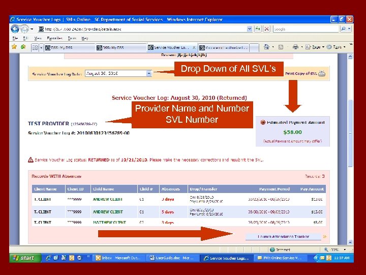 Drop Down of All SVL’s Provider Name and Number SVL Number 