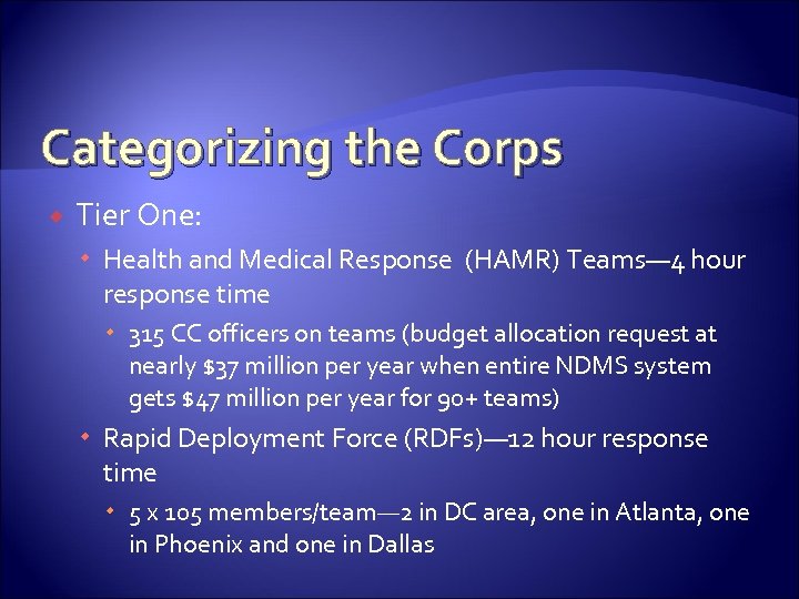 Categorizing the Corps Tier One: Health and Medical Response (HAMR) Teams— 4 hour response