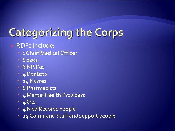 Categorizing the Corps RDFs include: 1 Chief Medical Officer 8 docs 8 NP/Pas 4