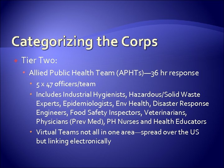 Categorizing the Corps Tier Two: Allied Public Health Team (APHTs)— 36 hr response 5