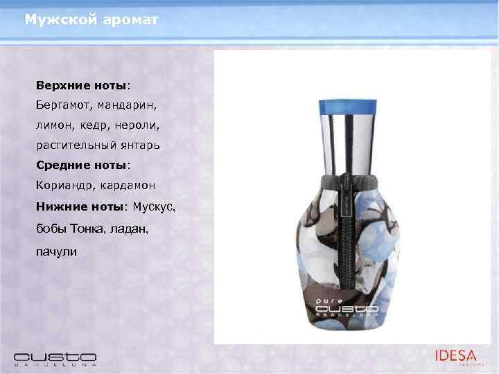 Мужской аромат Верхние ноты: Бергамот, мандарин, лимон, кедр, нероли, растительный янтарь Средние ноты: Кориандр,