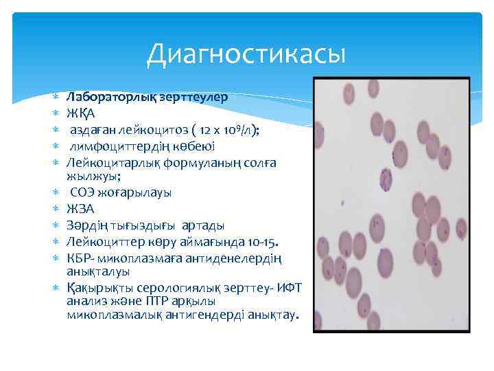 Диагностикасы Лабораторлық зерттеулер ЖҚА аздаған лейкоцитоз ( 12 х 109/л); лимфоциттердің көбеюі Лейкоцитарлық формуланың