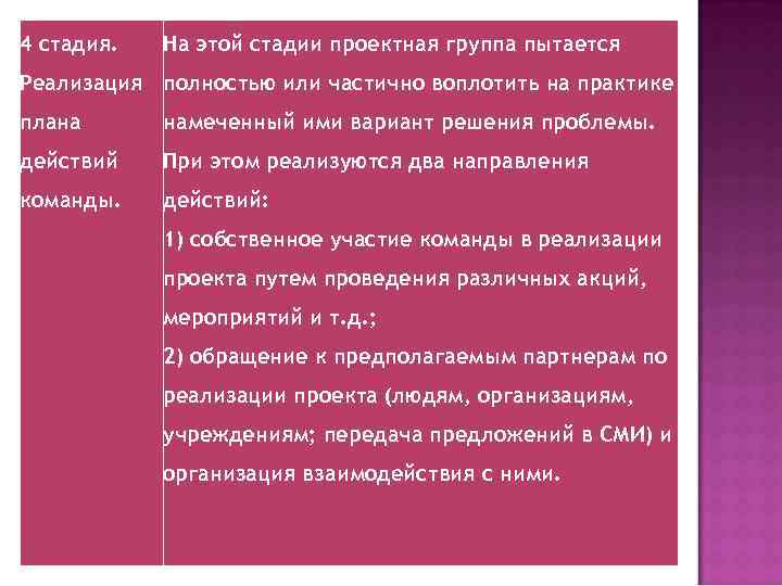 4 стадия. На этой стадии проектная группа пытается Реализация полностью или частично воплотить на