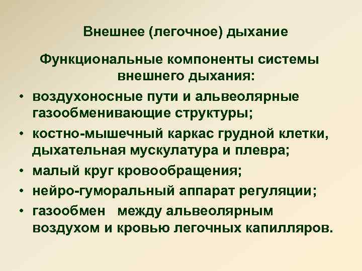 Внешнее (легочное) дыхание • • • Функциональные компоненты системы внешнего дыхания: воздухоносные пути и
