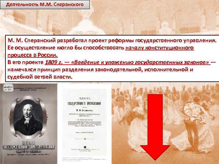 Деятельность М. М. Сперанского М. М. Сперанский разработал проект реформы государственного управления. Ее осуществление