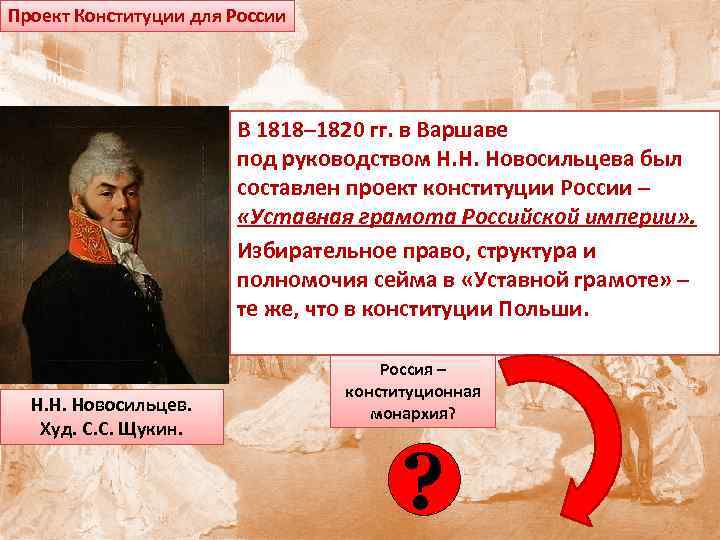 Первый конституционный проект. Внутренняя политика Александра 1 проект Новосильцева. Проект Конституции уставная грамота Российской империи. Проект Конституции Новосельцева. Проект Новосильцева 1820.