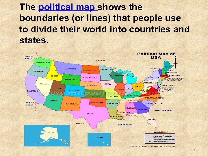 The political map shows the boundaries (or lines) that people use to divide their