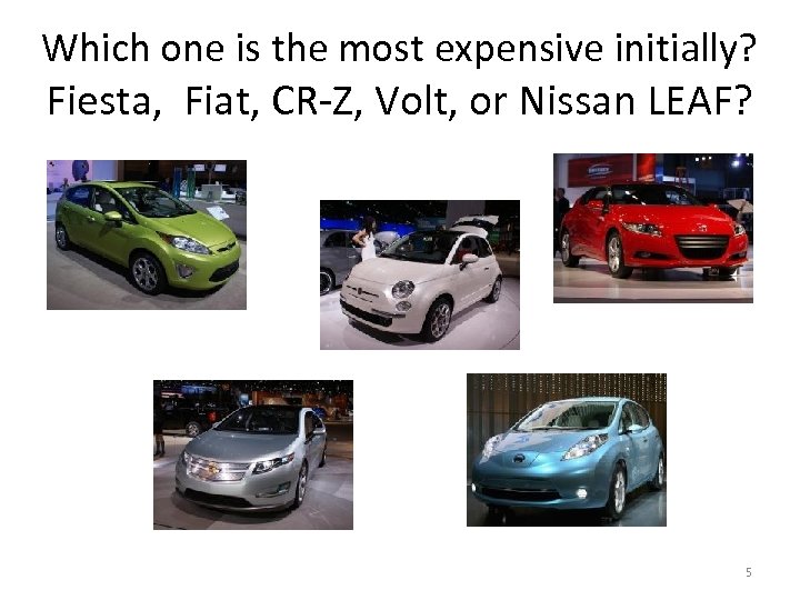 Which one is the most expensive initially? Fiesta, Fiat, CR-Z, Volt, or Nissan LEAF?