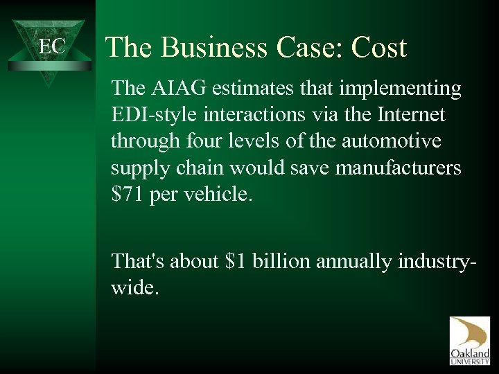 EC The Business Case: Cost The AIAG estimates that implementing EDI-style interactions via the