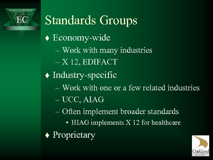 EC Standards Groups t Economy-wide – Work with many industries – X 12, EDIFACT
