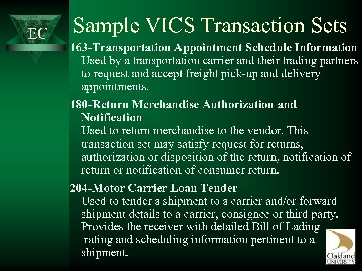 EC Sample VICS Transaction Sets 163 -Transportation Appointment Schedule Information Used by a transportation
