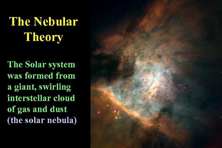 The Nebular Theory The Solar system was formed from a giant, swirling interstellar cloud