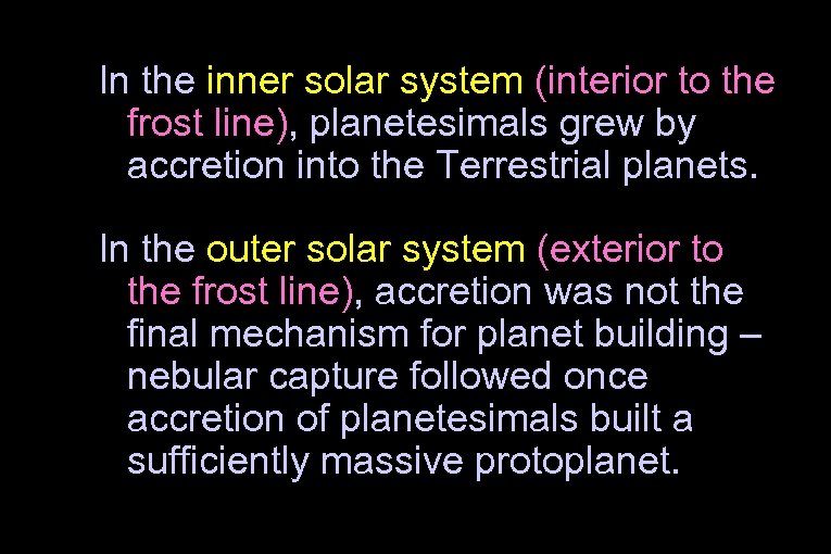 In the inner solar system (interior to the frost line), planetesimals grew by accretion