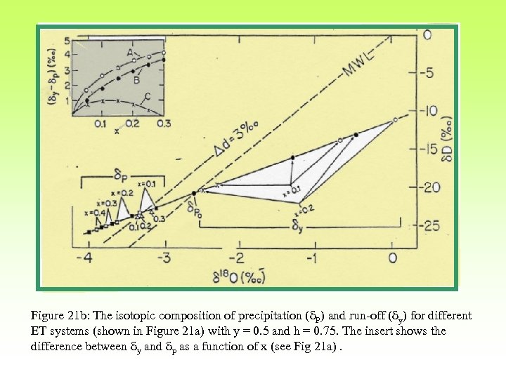 Figure 21 b: The isotopic composition of precipitation (d. P) and run-off (dy) for