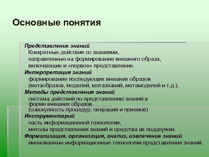 Основные понятия Представление знаний Конкретные действия со знаниями, направленные на формирование внешнего образа, включающие