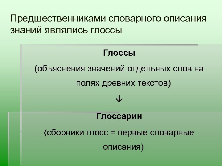 Предшественниками словарного описания знаний являлись глоссы Глоссы (объяснения значений отдельных слов на полях древних