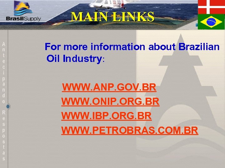 MAIN LINKS For more information about Brazilian Oil Industry: WWW. ANP. GOV. BR WWW.