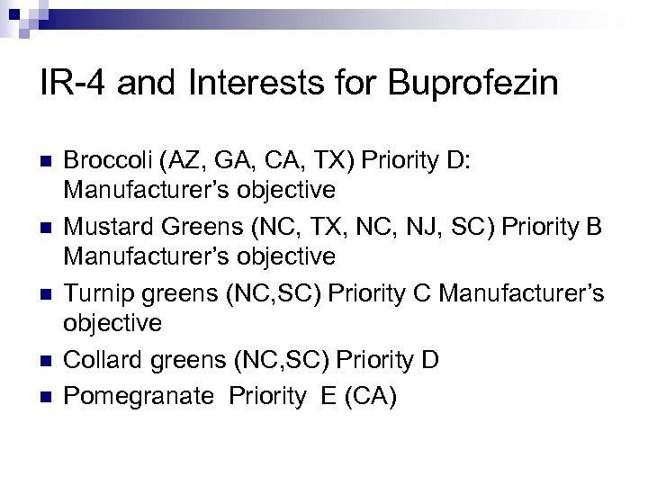 IR-4 and Interests for Buprofezin n n Broccoli (AZ, GA, CA, TX) Priority D: