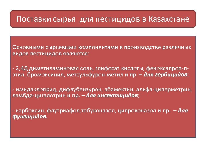 Поставки сырья для пестицидов в Казахстане Основными сырьевыми компонентами в производстве различных видов пестицидов