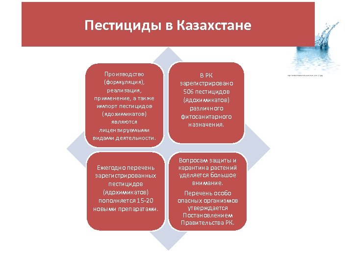 Пестициды в Казахстане Производство (формуляция), реализация, применение, а также импорт пестицидов (ядохимикатов) являются лицензируемыми