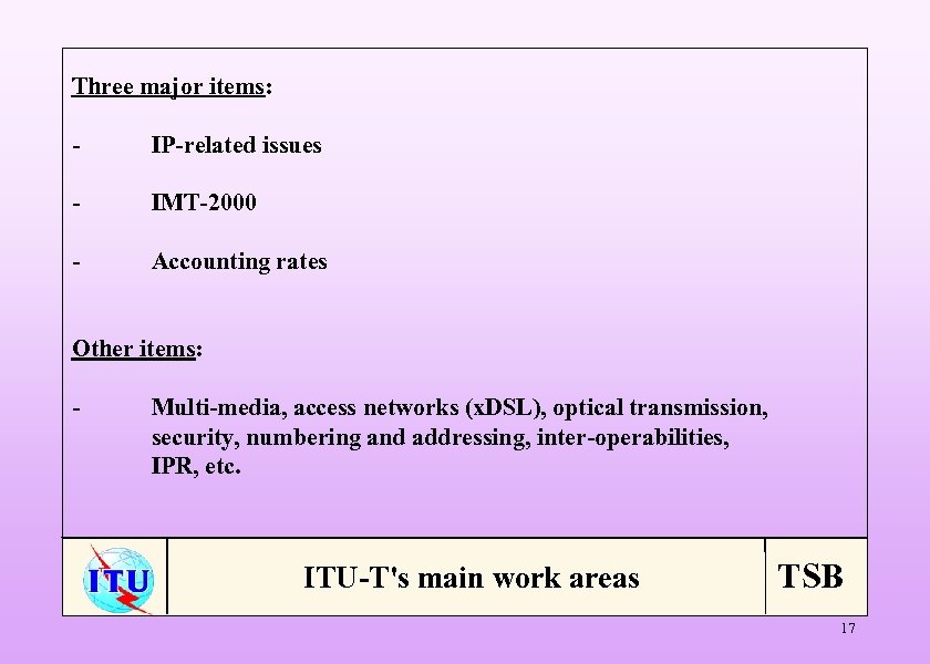 Three major items: - IP-related issues - IMT-2000 - Accounting rates Other items: -