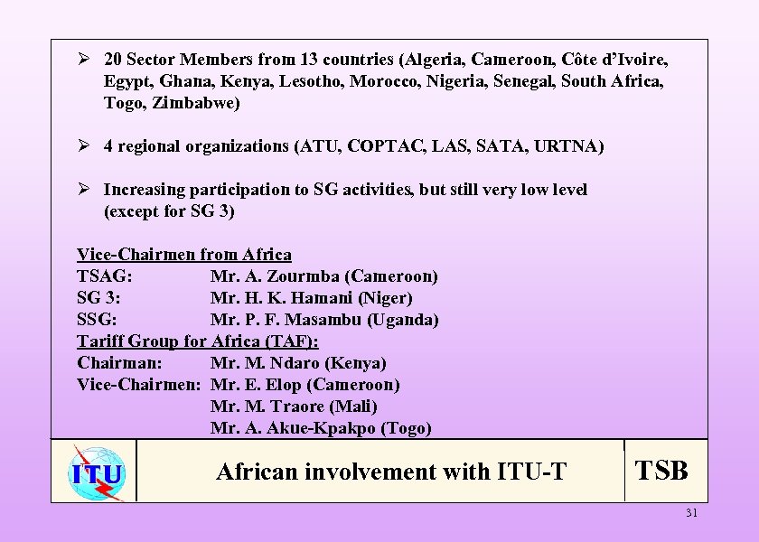 Ø 20 Sector Members from 13 countries (Algeria, Cameroon, Côte d’Ivoire, Egypt, Ghana, Kenya,