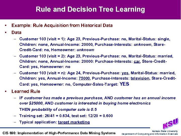 Rule and Decision Tree Learning • Example: Rule Acquisition from Historical Data • Data