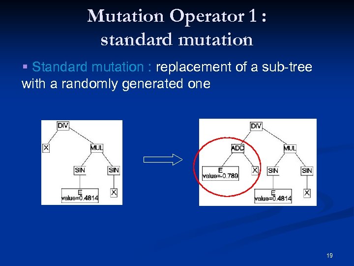 Mutation Operator 1 : standard mutation § Standard mutation : replacement of a sub-tree