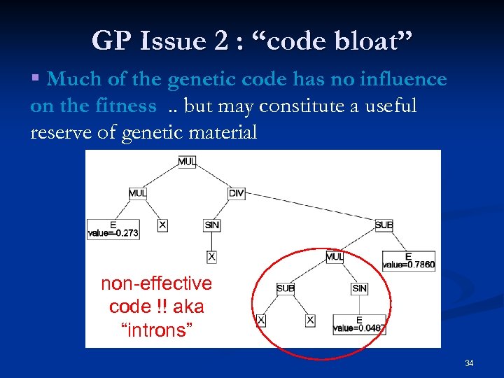 GP Issue 2 : “code bloat” § Much of the genetic code has no