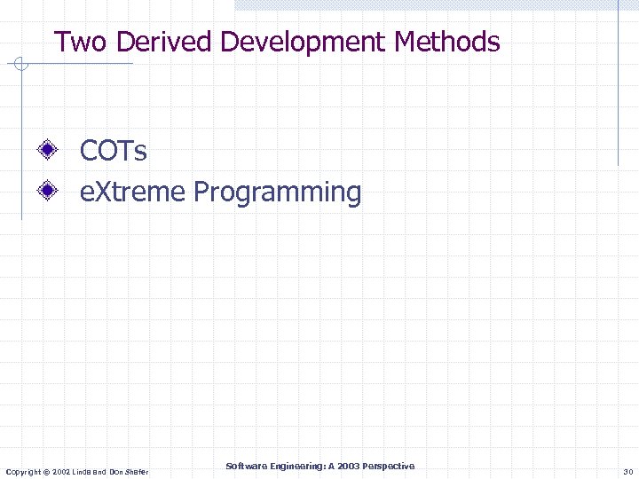 Two Derived Development Methods COTs e. Xtreme Programming Copyright © 2002 Linda and Don