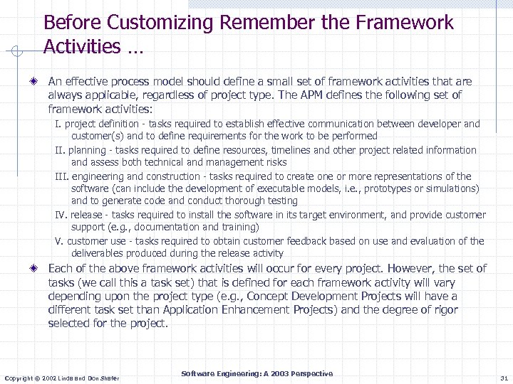 Before Customizing Remember the Framework Activities … An effective process model should define a