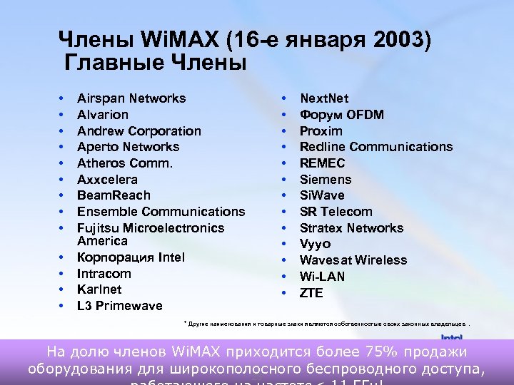 Члены Wi. MAX (16 -е января 2003) Главные Члены Airspan Networks Alvarion Andrew Corporation