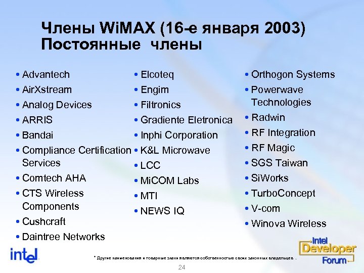 Члены Wi. MAX (16 -е января 2003) Постоянные члены Elcoteq Advantech Engim Air. Xstream