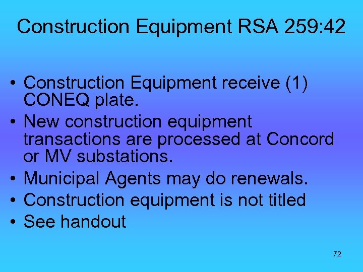 Construction Equipment RSA 259: 42 • Construction Equipment receive (1) CONEQ plate. • New