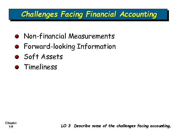 Challenges Facing Financial Accounting Non-financial Measurements Forward-looking Information Soft Assets Timeliness Chapter 1 -9