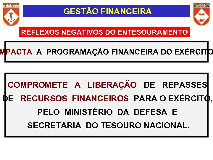 GESTÃO FINANCEIRA REFLEXOS NEGATIVOS DO ENTESOURAMENTO MPACTA A PROGRAMAÇÃO FINANCEIRA DO EXÉRCITO COMPROMETE A