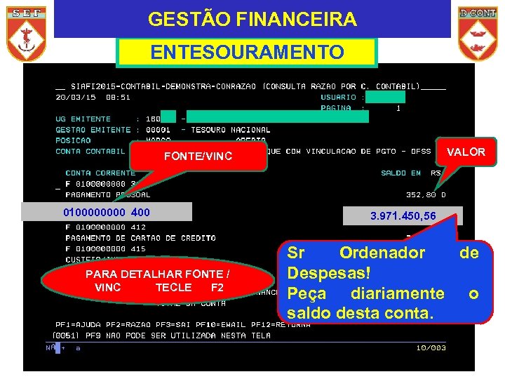 GESTÃO FINANCEIRA ENTESOURAMENTO VALOR FONTE/VINC 010000 400 PARA DETALHAR FONTE / VINC TECLE F