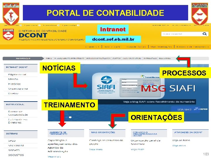 PORTAL DE CONTABILIDADE Intranet dcont. sef. eb. mil. br NOTÍCIAS PROCESSOS TREINAMENTO ORIENTAÇÕES 103