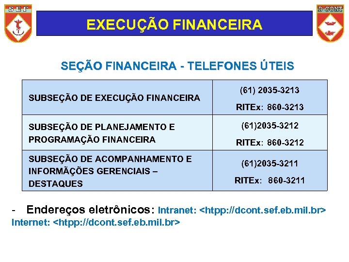 EXECUÇÃO FINANCEIRA SEÇÃO FINANCEIRA - TELEFONES ÚTEIS SUBSEÇÃO DE EXECUÇÃO FINANCEIRA SUBSEÇÃO DE PLANEJAMENTO